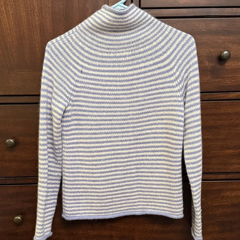 J. Crew Blue and White Striped Cowl Neck Sweater- Angora and wool blend